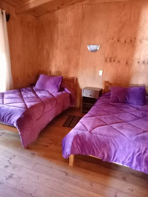 Dormitorio con dos camas individuales y ropa de cama morada en Cabañas La Ita