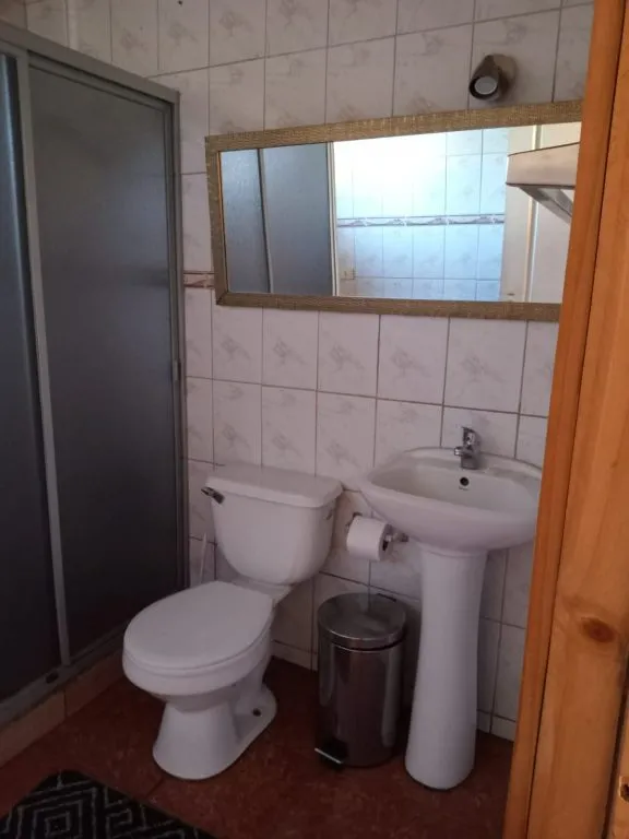 Baño privado con ducha, inodoro y lavamanos en Cabañas La Ita