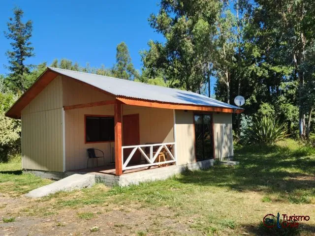 Cabaña moderna con terraza cubierta y pilares de madera rodeada de árboles
