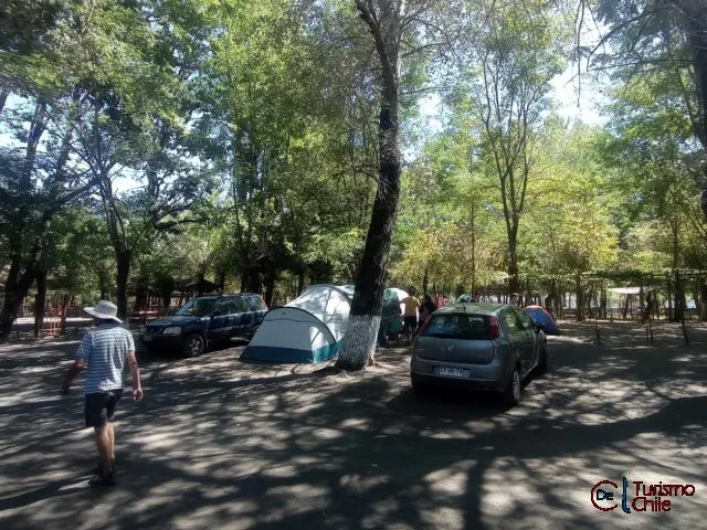Vista desde los árboles hacia la playa del río Laja en Camping Los Lagos