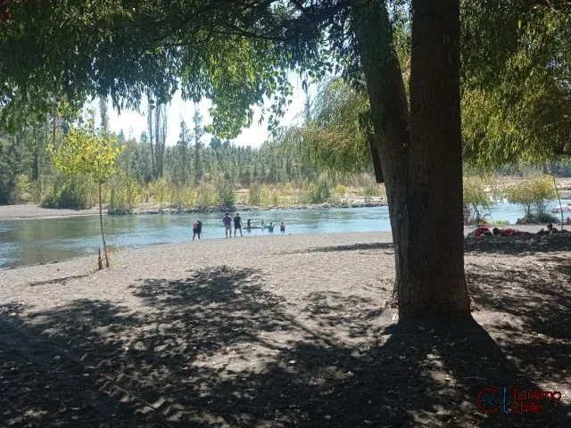 Playa de arena negra con familias bañándose en el río Laja, Saltos del Laja