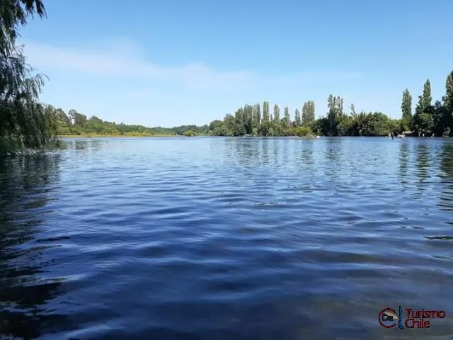 Playa de arena negra a orillas del río Laja en el camping